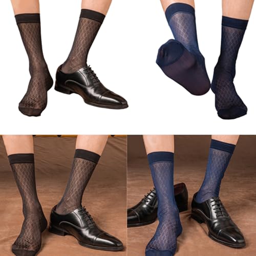 Socks,Mens Sheer Diamond Pattern Dress Socks Thin Nylon Middle Calf Socks Stockings for Business Suit and Formal Use2