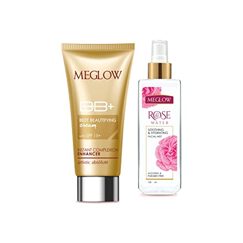 Image of Meglow Best Beautifying BB+ Cream With SPF 15(30g)+Rose water Spray for Face (100ml) Skin care Duo||Brightening|Moisturizing|Face Mist for Glowing Skin|Makeup Remover|Alcohol & Paraben Free for women