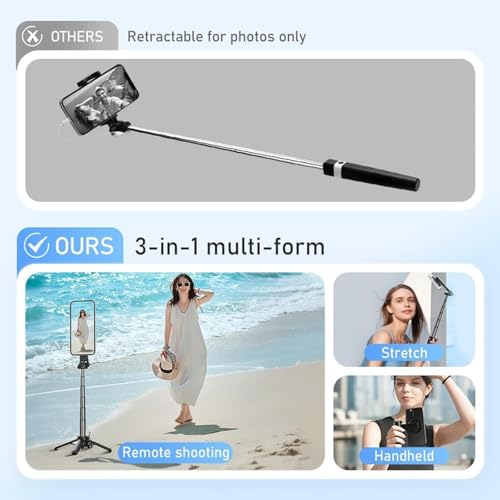 4 In 1 Multifunktions Selfie Stick, Magnetisches Handy Stativ Klein und Leicht, 2025 Neuest Selfie Stick, Mini-Kamerastativ mit Kabelloser Fernbedienung, 15 M Reichweite Für iPhone/Android (Schwarz)
