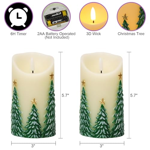 Image of Christmas Tree Flameless Flickering Candles Battery Operated with 6H Timer 3D Wick LED Pillar Candles Real Wax Hand-Painted Dinner Holiday Christmas Indoor Decoration(2 Pack, 3 inch D x 5.7 inch H)