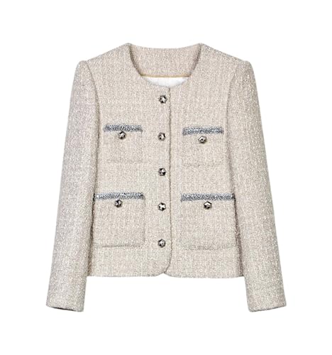 Women Cropped Tweed Blazers Jacket Retro Long Sleeve Button Down Crew Neck Office Lady Business Coats