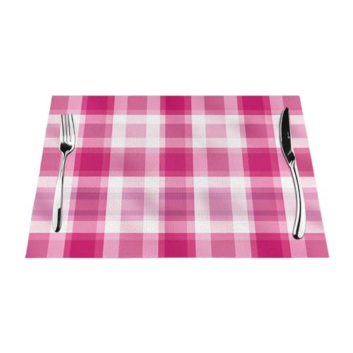 Sets de table pour mariages et fêtes à carreaux roses en PVC tissé x4