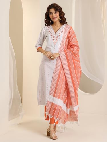 Image of Libas Woven Design Cotton Blend Straight Kurta With Trouser and Dupatta