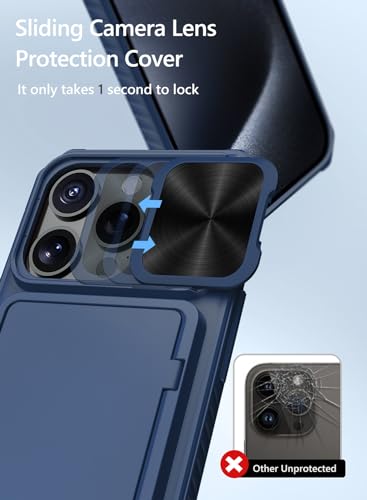 Image of Vihibii for iPhone 15 Pro Wallet Case with Slide Camera Cover & Card Holder (4 Cards) & Kickstand, Hard Case for iPhone 15 Pro 5G 6.1 inch 2023, Blue