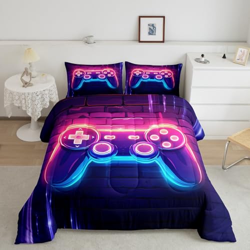 Feelyou Kids Boys Gamer Comforter Set Twin Size, Pink Purple Gamer Bedding Set Modern Gaming Comforter Game Room Decor Duvet Set Durable Bed Set 2Pcs Room Decor Quilt Set Bedding Collection