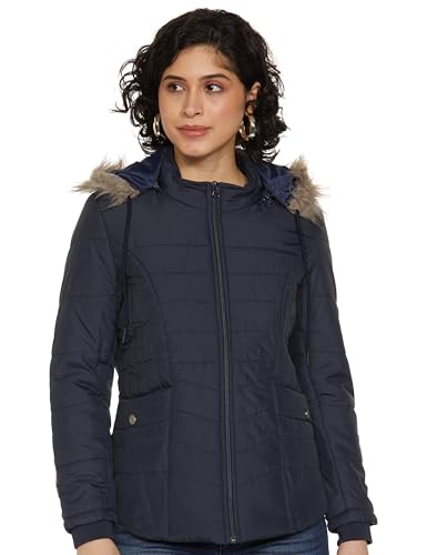Image of Qube By Fort Collins Women's Medium-Length Bomber Jacket with Detachable Hood Stylish Winterwear for All-Day Comfort |Material: Nylon