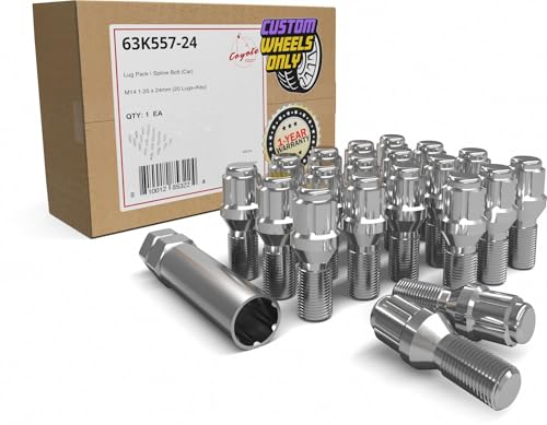 Image of Wheel Accessories Parts 20 Pcs Lug Bolt Set M14 x 1.25 Thread Acorn Seat Lug Bolts Chrome Finish 24mm Shank Length 6 Spline Car fits Mini Cooper