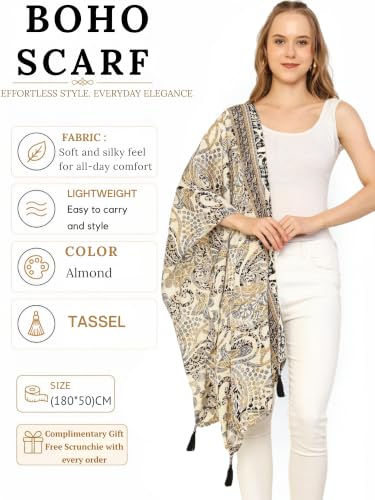 Image of KE KANHA EXPORT Women Scarf|Stole For Women|Scarf For Women Stylish|Stall For Women|Border Print Face Cover Head Wrap|Boho|Beach|Multicolor|180x50cm|Pack Of 1|FREE Scrunchie Included