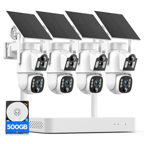 Camcamp Solar Security Cameras Wireless Outdoor, 4 Cameras (8 Screen), Dual Lens Wireless Cameras for Home Security, 10CH NVR, 2.4/5GHz WiFi, 2K Color Night Vision, 2-Way Audio, No Monthly Fee