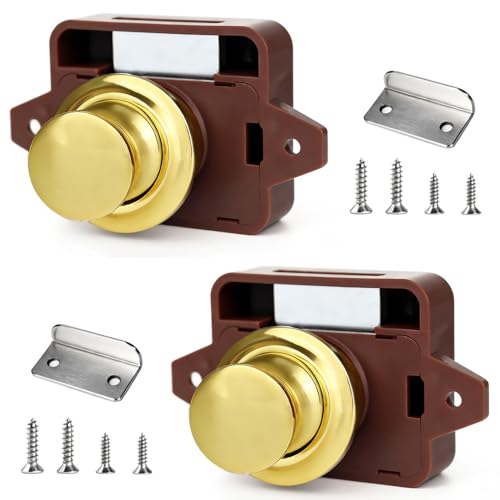 2 Piezas Cerradura Puerta Boton,Cerradura Cierre de Botón,Boton Armario Camper Marrón Dorado,Cierre puerta Autocaravana,Pestillo Gabinete sin Llave Botón Pulsador para RV,Barco,Yate,Autocaravana