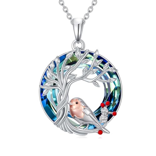 Collier rouge-gorge argent 925 arbre de vie coeur pour anniversaire femme