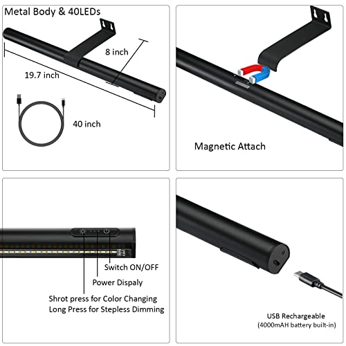 Image of Rechargeable Picture Light Battery Operated,19.7 inch Wireless Painting Light with Remote Control,Metal Art Display Lamp,3 Modes,Dimmable Dartboard Light with Timer for Frame Picture