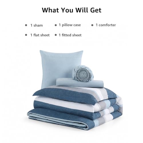 Image of Monbix Twin XL Comforter Set,5 Piece Striped Bed in a Bag Twin Bedding Sets | All Season Sailor Blue Reversible Soft Comforter with Sheets, Pillowcase & Sham, College Dorm Essentials