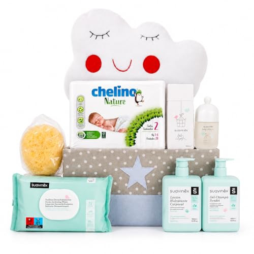 Mirifarma Canastilla Bebé Recién Nacido Nube | Cesta Bebé Regalo | Regalo Bebé Recién Nacido | Canastilla con Peluche Nube, Gel Champú, Loción, Colonia, Esponja, Toallitas y Pañales