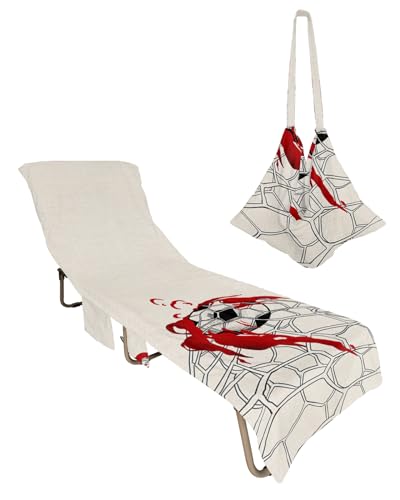 Football with Red Flame Beach Lounge Chair Towel Cover, Soft Chaise Lounge Towel with Side Pockets Patio Pool Chairs Cover for Beach/Pool Sunbathing 29x85 White Tennis Sport Rustic