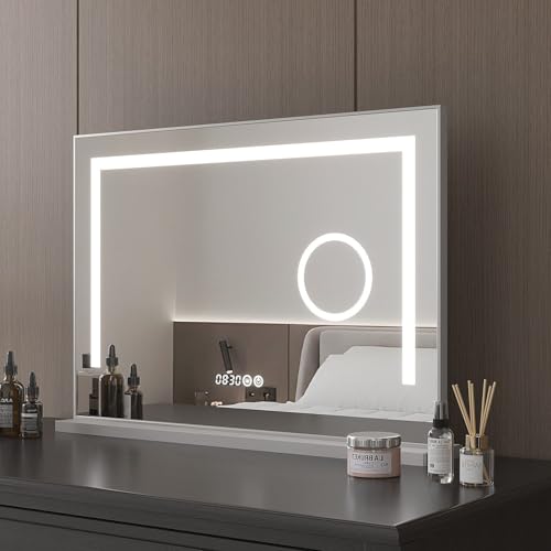 Hollywood Spiegel 80x60cm Schminkspiegel Kosmetikspiegel Kosmetikspiegel beleuchtet mit Led Beleuchtung Vergrößerung Licht,Digital Uhr,dimmbar,3 Lichtfarben,3xVergrößerung,Touch Schalter,Alurahmen