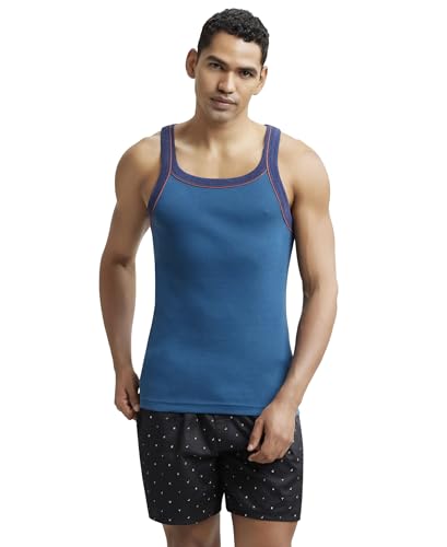 Image of Jockey US54 Men's Super Combed Cotton Rib Square Neckline Gym Vest with Back Panel Graphic Print (Shoulder Starp Color May Vary)