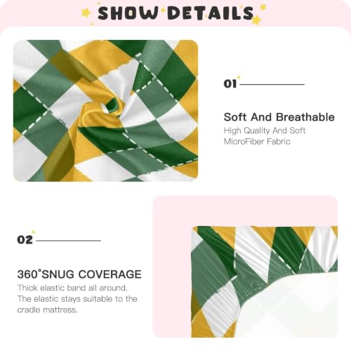 Image of Crib Sheet Breathable Soft Crib Mattress Sheet for Baby Toddler Boys Girls Fitted Crib Sheet Fit Standard Crib Mattress 39 x 27 Inch Yellow Green Argyle