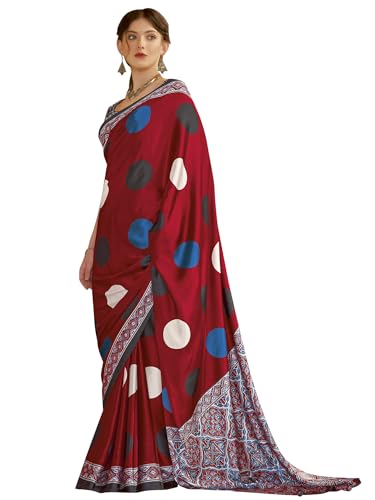Image of SAREE MALL Women's Ajrkh Print Satin Crepe Polka Dot Printed Saree With Unstitched Blouse Piece