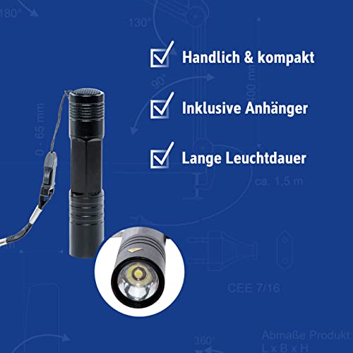 MAUL LED-Taschenlampe MAULjuno – kompakte und outdoor-taugliche LED Taschenlampe inkl. Anhänger – kleine Stabtaschenlampe mit langer Leuchtdauer und Spritzwasserschutz (IPX4) – schwarz