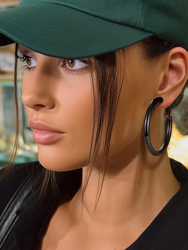 Image of Stainless Steel Chunky Hoop Earrings For Women, Minimalist and Chic, Black /Gold Plated, Round Hoops Earrings Hypoallergenic, Size: 30mm /40mm /60mm /80mm, Come with Box