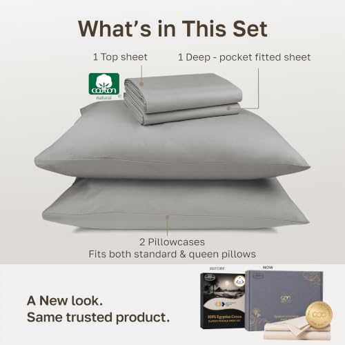 Image of California Design Den 100% Egyptian Cotton Full Size Bed Sheets, Misty Grey | Certified & Backed by GH Seal, Light, Airy & Crisp Percale for Hot Sleepers, 15 inch Deep Pocket, All-Around Elastic, 4pc Set