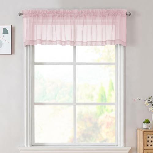 Image of OVZME Blush Pink Sheer Valances for Windows 14 Inch Length 2 Pcs, Light Filtering Short Kitchen Curtains, Top Dual Rod Pocket Small Curtains for Living Room Bedroom Basement, Each 42Wx14L Inches