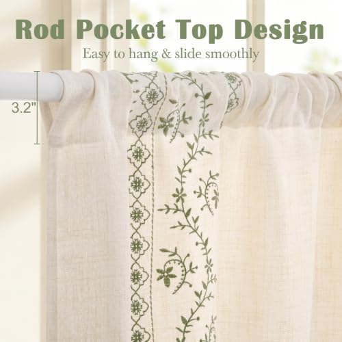 Image of Yinhua Boho Valances for Windows Sage Green Embroidered Floral Valance Curtains, Light Filtering Farmhouse Window Valances Rod Pocket Kitchen Valance Curtains for Living Room, Bathroom, 52 inch W x 18 inch L
