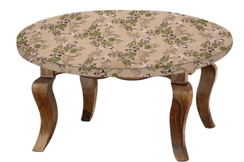 Image of The Furnishing Tree Round Elastic Fitted Center Tpoy Table Cover WxL 24x24 Inches Floral Pattern Beige