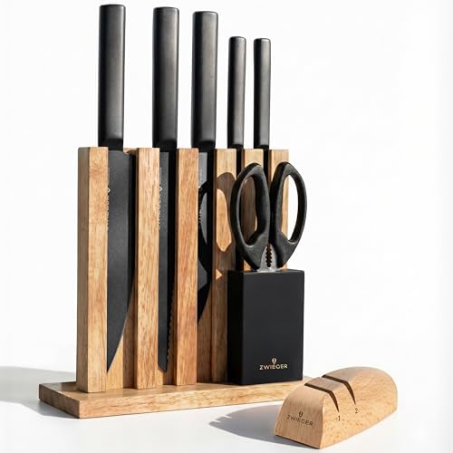 ZWIEGER Messerblock mit Messer 8-teiliges Set – Messerset aus Edelstahl 52 HRC – Küchenmesser Set mit Block im offenen Holz-Design inkl. Schärfer mit interner Rollentechnologie und Küchenschere