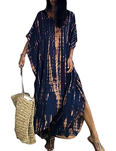QUNERY Femmes Robe de Plage Femme Longue Boheme Robe Maxi Fleur Kimono Bikini Cover-Up (A-Marine)