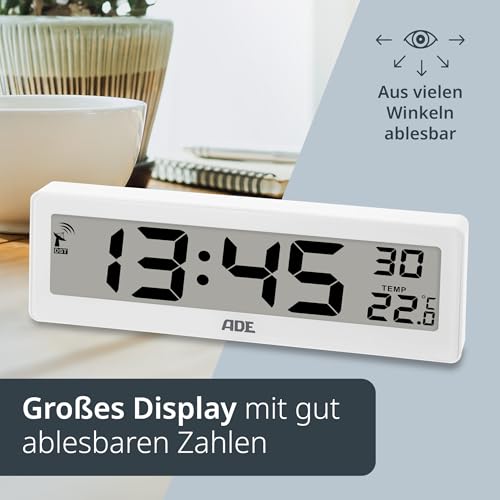 ADE Digitale Funkuhr Wohnzimmer mit Temperaturanzeige | sehr große Ziffern | gut ablesbares Display | weiß