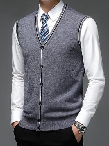 Men's Sweater Vest V Neck Slim Fit Stripe Casual Sleeveless Button Down Knitted Pullover Sweater3