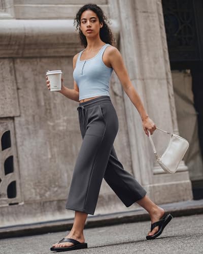 G4Free Summer Pants for Women High Waist Drawstring Wide Leg Yoga Pants Breathable Loose Relaxed Dressy Casual Capris(Dark Gray,XL,Regular) — view 2