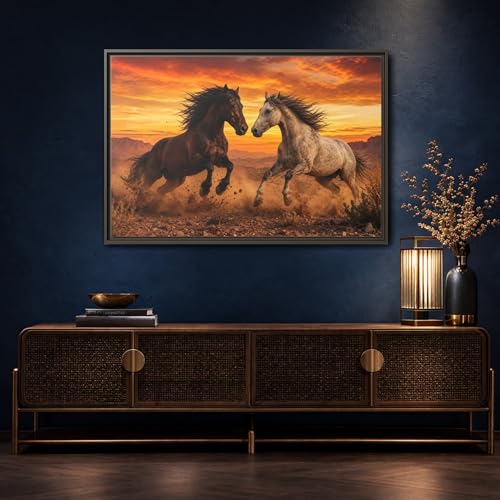 Toile chevaux sauvages sunset horizontal décoration salon au-dessus console