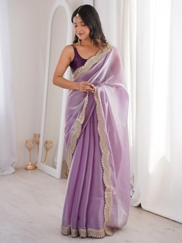 Image of AKHILAM Women's Shimmer Satin Sequence Embroidery Work Border Saree With Unstitched Blouse Piece