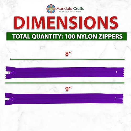 Image of Mandala Crafts 100 PCs Purple Closed-End 8 Inches Nylon Zippers for Sewing