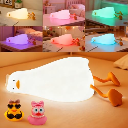 FAMIDUO Luz Bebe Nocturna Pato con Cambio de Color, APP/Control táctil, Lámpara Bebe Noche Silicona Acostado Pato, con Caja Sorpresa de Regalo, USB Recargable Luz Nocturna Infantil, Regalo para Bebés