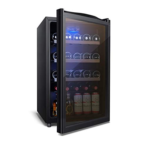 Design Mini Kühlschrank Getränkekühlschrank, Touch Panel LED-Display Single Temperaturzonen 8-22°C 3 Holz-Einschübe Freistehend, Schwarz