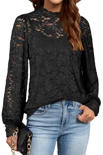 LAISHEN Bluse Damen Langarm Spitzen Oberteiel Casual Elegant Mock Neck Langarmshirt mit Separate Cami 2 Pcs Set Outfit Schwarz,M