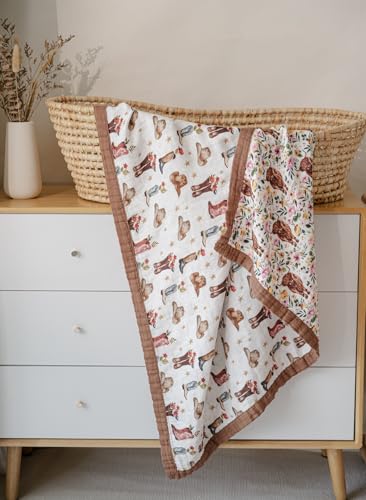 Image of Little Jump Cowgirl Floral & Highlandcow Muslin Blanket Baby Quilt - Silky Soft and Breathable Crib Blanket for Daycare - Large 47 inch x 47 inch - 2 Layers Toddler Summer Blankets for Girls (Cow Girl)