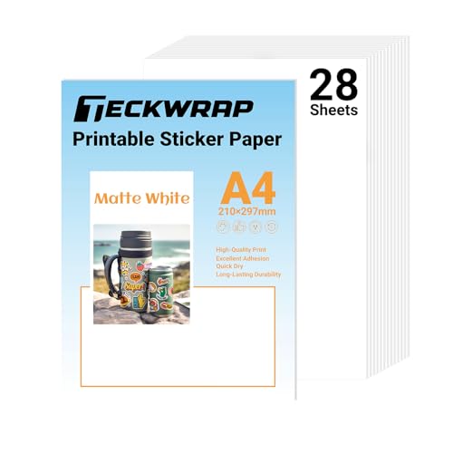 TECKWRAP Printable Vinyl Sticker Paper for Inkjet Printer Matte White Printable Sticker Paper Waterproof 8.26 x 11.69 A4 Size 28Pcs/Pack for Photo Scrapbooking Craft Cutters