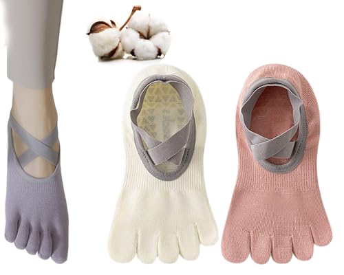 CHUNFO Five-Toe Grip Womens Pilates Socks Straps Short Yoga Anti-slip Cotton Barre Sock Pure Color Size5-9.5