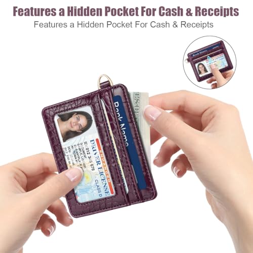 Image of Slim Credit Card Holder Crocodile Wallet Women Thin Wallets | Alligator Print RFID Blocking Minimalist Lightweight Pocket Small Cute Cards Holders ID Window, Plum Croc