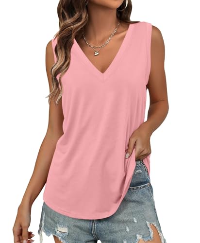 KKJ 3 Pack Womens Tank Tops Workout Summer Vacation Outfits V Neck Loose Sleeveless Blouse Casual Shirts Fall Fashion Clothes