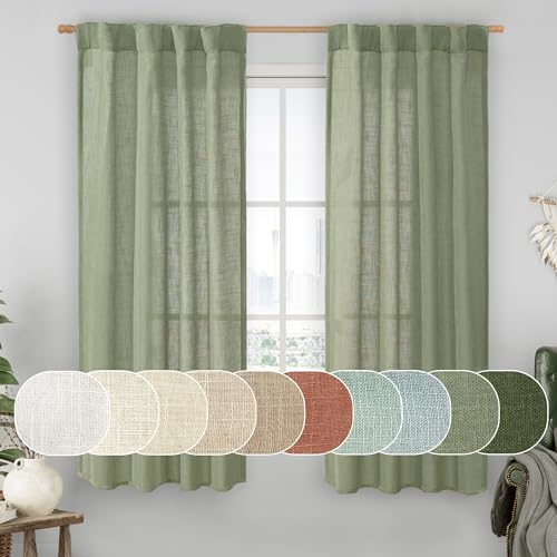 LAMIT 60 Inch Length Window Linen Curtains, Light Filtering Panels Back Tab and Rod Pocket Neutral Drapes for Bedroom/Living Room, Sage Green, 2 Panels, 34 x 60 Inch
