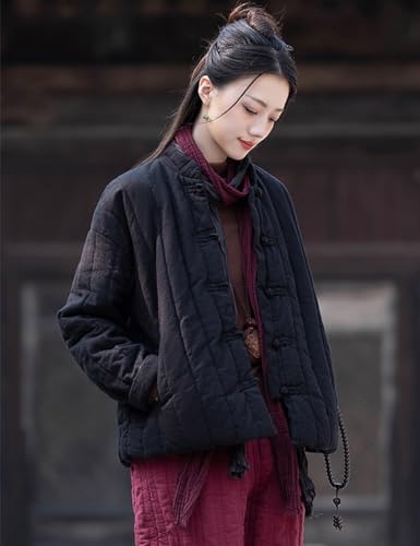 Women's Chinese Tang Suit Short Coat Cotton Linen Quilted Warm Jacket Coats with Pockets2