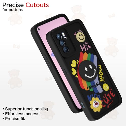 Image of Pikkme Back Cover for Oppo Reno 6 5G | Soft Silicone| Cute Rainbow Smile & 3D Cartoon Flower Design | Shockproof Raised Camera Protection Bumper Case (Black)