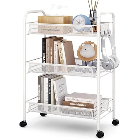 TOOLF 3-Tier Metal Rolling Cart, Mesh Wire Easy Assemble Utility Cart, Storage Trolley on Wheels with 3 Hooks, MetalStorage Shelving Units for Kitchen Bathroom Laundry Room Cover