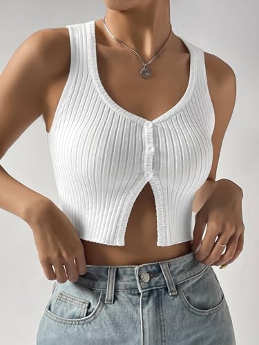 COZYEASE Women's Button Front Ribbed Knit Crop Tank Top Scoop Neck Sleeveless Casual Plain Crop Top3
